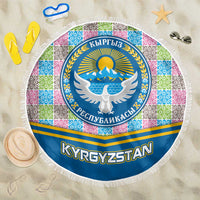 Kyrgyzstan Colorful Patchwork Pattern Beach Blanket with National Crest and Flag Accents