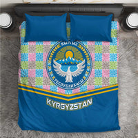 Kyrgyzstan Colorful Patchwork Pattern Bedding Set with National Crest and Flag Accents
