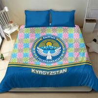 Kyrgyzstan Colorful Patchwork Pattern Bedding Set with National Crest and Flag Accents