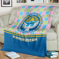 Kyrgyzstan Colorful Patchwork Pattern Blanket with National Crest and Flag Accents