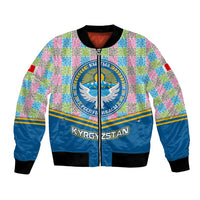 Kyrgyzstan Colorful Patchwork Pattern Bomber Jacket with National Crest and Flag Accents