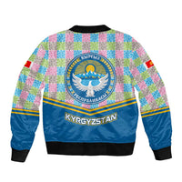 Kyrgyzstan Colorful Patchwork Pattern Bomber Jacket with National Crest and Flag Accents