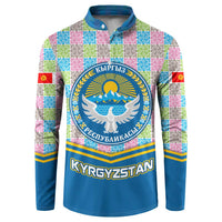 Kyrgyzstan Colorful Patchwork Pattern Button Sweatshirt with National Crest and Flag Accents