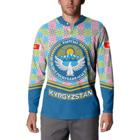 Kyrgyzstan Colorful Patchwork Pattern Button Sweatshirt with National Crest and Flag Accents