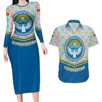 Kyrgyzstan Colorful Patchwork Pattern Couples Matching Long Sleeve Bodycon Dress and Hawaiian Shirt with National Crest and Flag Accents