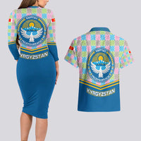 Kyrgyzstan Colorful Patchwork Pattern Couples Matching Long Sleeve Bodycon Dress and Hawaiian Shirt with National Crest and Flag Accents