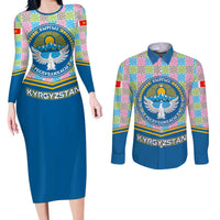 Kyrgyzstan Colorful Patchwork Pattern Couples Matching Long Sleeve Bodycon Dress and Long Sleeve Button Shirt with National Crest and Flag Accents