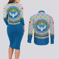 Kyrgyzstan Colorful Patchwork Pattern Couples Matching Long Sleeve Bodycon Dress and Long Sleeve Button Shirt with National Crest and Flag Accents