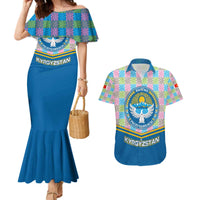 Kyrgyzstan Colorful Patchwork Pattern Couples Matching Mermaid Dress and Hawaiian Shirt with National Crest and Flag Accents
