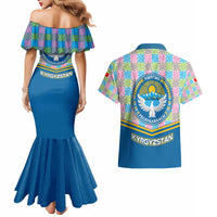 Kyrgyzstan Colorful Patchwork Pattern Couples Matching Mermaid Dress and Hawaiian Shirt with National Crest and Flag Accents