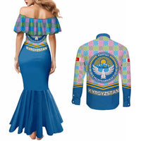 Kyrgyzstan Colorful Patchwork Pattern Couples Matching Mermaid Dress and Long Sleeve Button Shirt with National Crest and Flag Accents