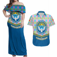 Kyrgyzstan Colorful Patchwork Pattern Couples Matching Off Shoulder Maxi Dress and Hawaiian Shirt with National Crest and Flag Accents