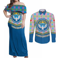 Kyrgyzstan Colorful Patchwork Pattern Couples Matching Off Shoulder Maxi Dress and Long Sleeve Button Shirt with National Crest and Flag Accents