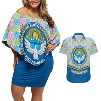 Kyrgyzstan Colorful Patchwork Pattern Couples Matching Off Shoulder Short Dress and Hawaiian Shirt with National Crest and Flag Accents