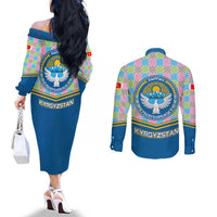 Kyrgyzstan Colorful Patchwork Pattern Couples Matching Off The Shoulder Long Sleeve Dress and Long Sleeve Button Shirt with National Crest and Flag Accents