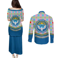 Kyrgyzstan Colorful Patchwork Pattern Couples Matching Puletasi and Long Sleeve Button Shirt with National Crest and Flag Accents