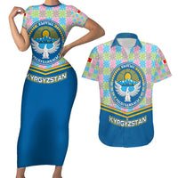 Kyrgyzstan Colorful Patchwork Pattern Couples Matching Short Sleeve Bodycon Dress and Hawaiian Shirt with National Crest and Flag Accents