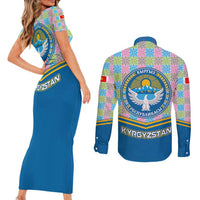 Kyrgyzstan Colorful Patchwork Pattern Couples Matching Short Sleeve Bodycon Dress and Long Sleeve Button Shirt with National Crest and Flag Accents