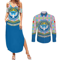 Kyrgyzstan Colorful Patchwork Pattern Couples Matching Summer Maxi Dress and Long Sleeve Button Shirt with National Crest and Flag Accents