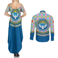 Kyrgyzstan Colorful Patchwork Pattern Couples Matching Summer Maxi Dress and Long Sleeve Button Shirt with National Crest and Flag Accents