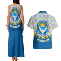 Kyrgyzstan Colorful Patchwork Pattern Couples Matching Tank Maxi Dress and Hawaiian Shirt with National Crest and Flag Accents