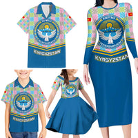 Kyrgyzstan Colorful Patchwork Pattern Family Matching Long Sleeve Bodycon Dress and Hawaiian Shirt with National Crest and Flag Accents