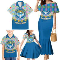 Kyrgyzstan Colorful Patchwork Pattern Family Matching Mermaid Dress and Hawaiian Shirt with National Crest and Flag Accents