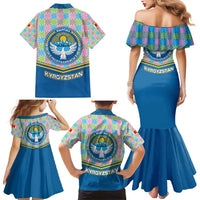 Kyrgyzstan Colorful Patchwork Pattern Family Matching Mermaid Dress and Hawaiian Shirt with National Crest and Flag Accents