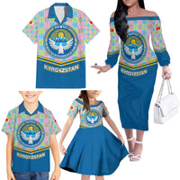 Kyrgyzstan Colorful Patchwork Pattern Family Matching Off The Shoulder Long Sleeve Dress and Hawaiian Shirt with National Crest and Flag Accents