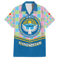 Kyrgyzstan Colorful Patchwork Pattern Family Matching Off The Shoulder Long Sleeve Dress and Hawaiian Shirt with National Crest and Flag Accents