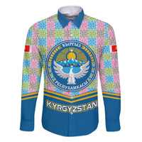 Kyrgyzstan Colorful Patchwork Pattern Family Matching Off The Shoulder Long Sleeve Dress and Hawaiian Shirt with National Crest and Flag Accents