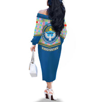Kyrgyzstan Colorful Patchwork Pattern Family Matching Off The Shoulder Long Sleeve Dress and Hawaiian Shirt with National Crest and Flag Accents