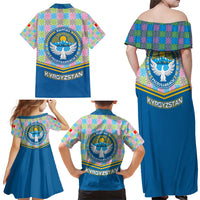 Kyrgyzstan Colorful Patchwork Pattern Family Matching Off Shoulder Maxi Dress and Hawaiian Shirt with National Crest and Flag Accents