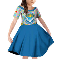 Kyrgyzstan Colorful Patchwork Pattern Family Matching Off Shoulder Short Dress and Hawaiian Shirt with National Crest and Flag Accents