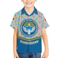 Kyrgyzstan Colorful Patchwork Pattern Family Matching Short Sleeve Bodycon Dress and Hawaiian Shirt with National Crest and Flag Accents