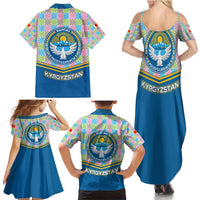 Kyrgyzstan Colorful Patchwork Pattern Family Matching Summer Maxi Dress and Hawaiian Shirt with National Crest and Flag Accents