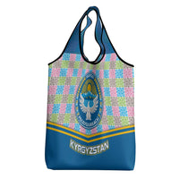 Kyrgyzstan Colorful Patchwork Pattern Grocery Bag with National Crest and Flag Accents