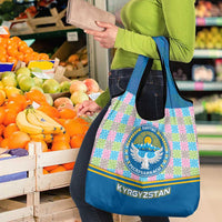 Kyrgyzstan Colorful Patchwork Pattern Grocery Bag with National Crest and Flag Accents