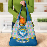 Kyrgyzstan Colorful Patchwork Pattern Grocery Bag with National Crest and Flag Accents