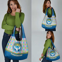 Kyrgyzstan Colorful Patchwork Pattern Grocery Bag with National Crest and Flag Accents