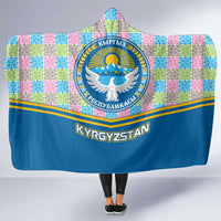 Kyrgyzstan Colorful Patchwork Pattern Hooded Blanket with National Crest and Flag Accents