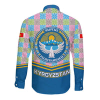 Kyrgyzstan Colorful Patchwork Pattern Long Sleeve Button Shirt with National Crest and Flag Accents