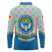 Kyrgyzstan Colorful Patchwork Pattern Long Sleeve Polo Shirt with National Crest and Flag Accents
