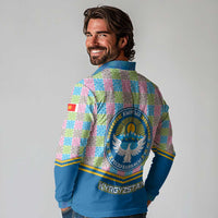 Kyrgyzstan Colorful Patchwork Pattern Long Sleeve Polo Shirt with National Crest and Flag Accents