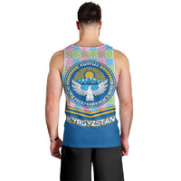 Kyrgyzstan Colorful Patchwork Pattern Men Tank Top with National Crest and Flag Accents