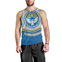 Kyrgyzstan Colorful Patchwork Pattern Men Tank Top with National Crest and Flag Accents