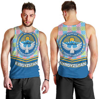Kyrgyzstan Colorful Patchwork Pattern Men Tank Top with National Crest and Flag Accents
