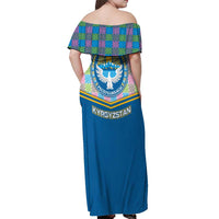 Kyrgyzstan Colorful Patchwork Pattern Off Shoulder Maxi Dress with National Crest and Flag Accents