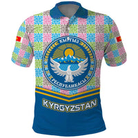 Kyrgyzstan Colorful Patchwork Pattern Polo Shirt with National Crest and Flag Accents