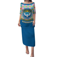 Kyrgyzstan Colorful Patchwork Pattern Puletasi with National Crest and Flag Accents